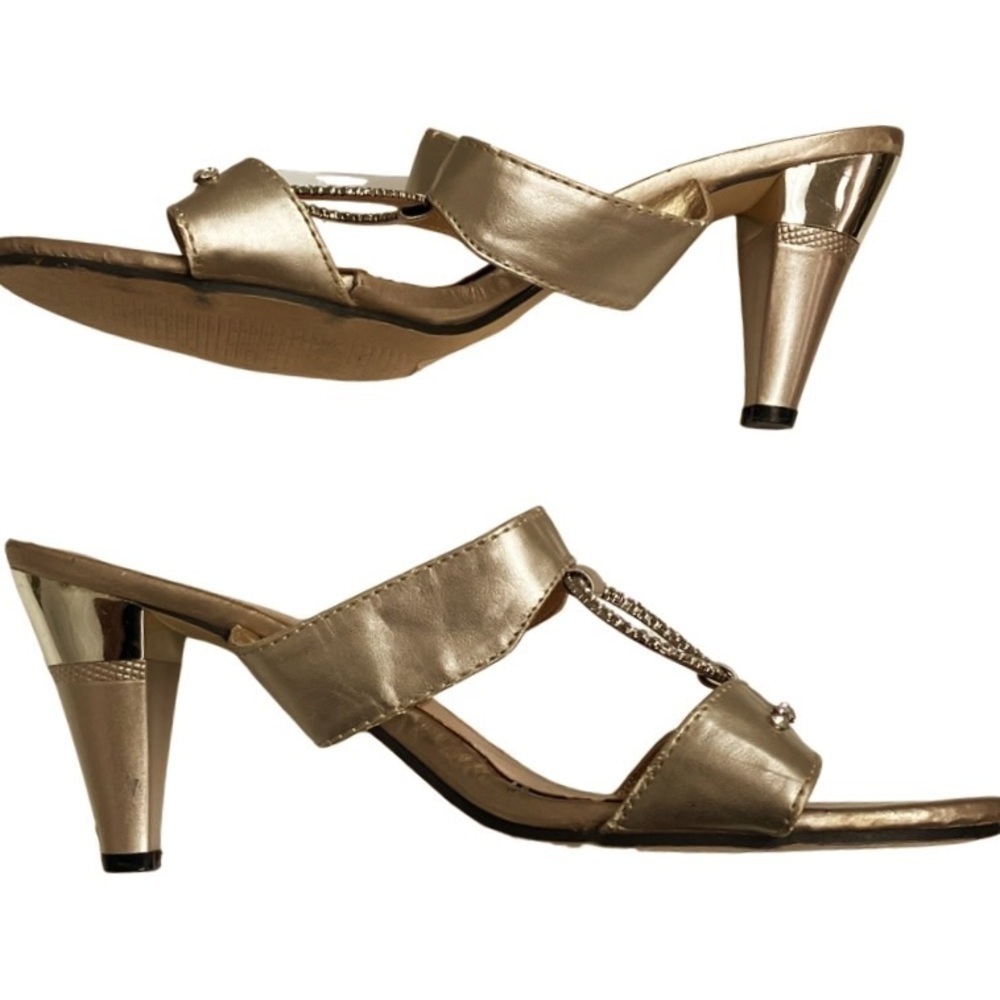 AMANDA Metallic Gold Double Band Rhinestone Slide Heeled Sandals Women’s SZ 7 - Picture 7 of 9